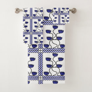 Persian Asian Blue Floral Geometric Pattern Bath Towel Set