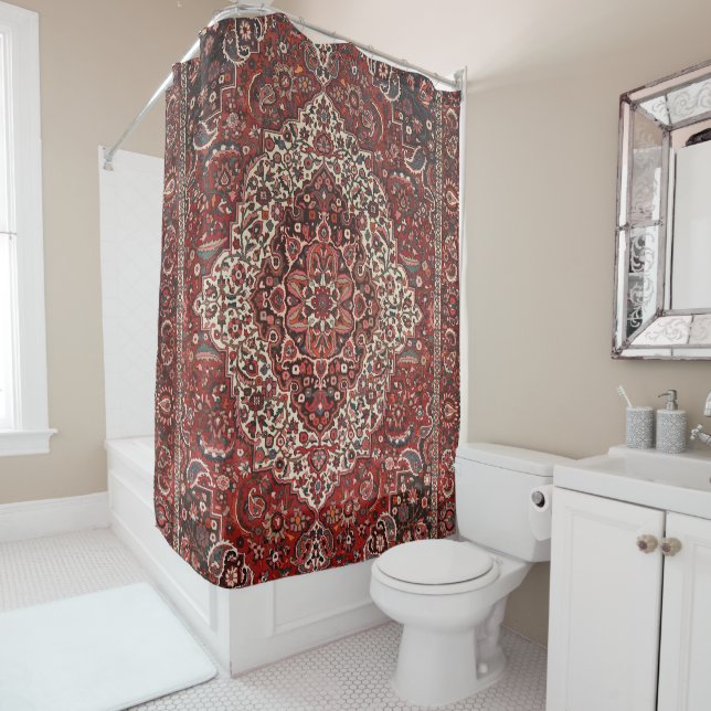 Persian Bakhtiari Deep Dark Red Tan  Shower Curtain (In Situ)