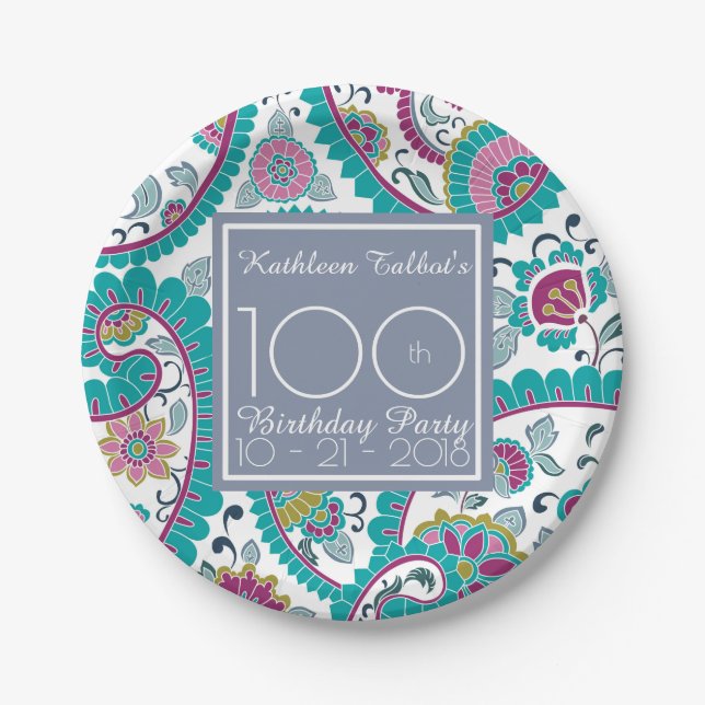 Persian Boteh Paisley 100th Birthday Party Paper P Plate (Front)