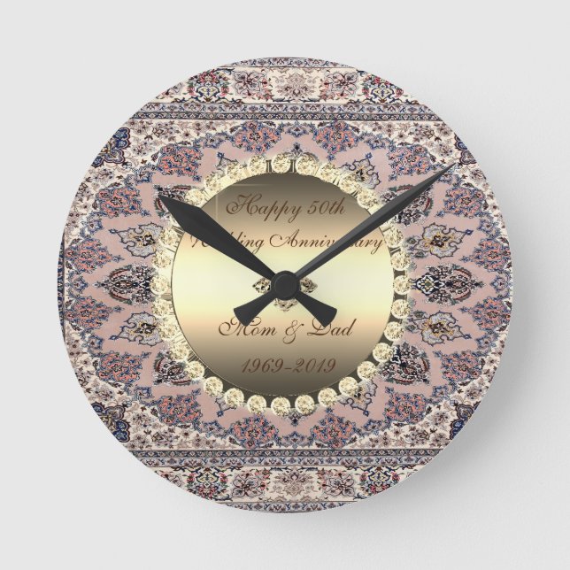 Persian Carpet Diamond 50th Wedding Anniversary Round Clock (Front)