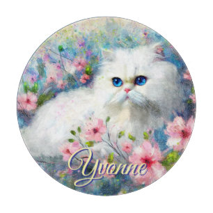 Persian Cat Blue Eyes in Pink Flowers Personalised Cutting Board
