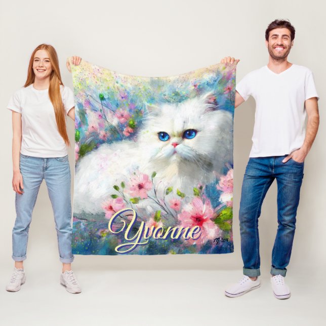 Persian Cat Blue Eyes in Pink Flowers Personalised Fleece Blanket (In Situ)