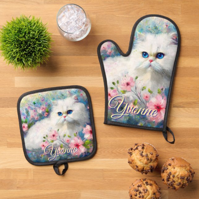 Persian Cat Blue Eyes in Pink Flowers Personalised Oven Mitt & Pot Holder Set (Top Down)