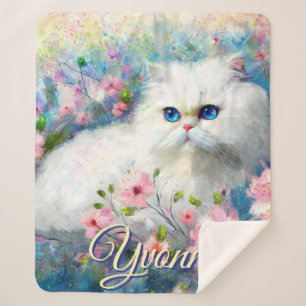 Persian Cat Blue Eyes in Pink Flowers Personalised Sherpa Blanket