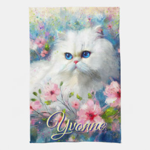 Persian Cat Blue Eyes in Pink Flowers Personalised Tea Towel