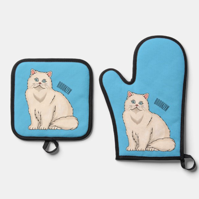 Persian cat cartoon illustration oven mitt & pot holder set (Front)
