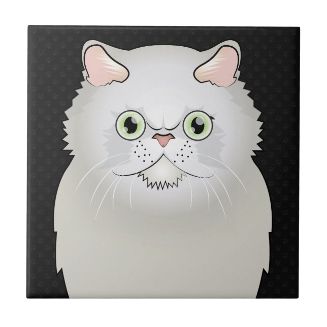 Persian Cat Cartoon (White, Flat-Face) Tile (Front)