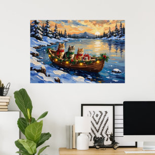 Persian Cat Christmas Boat Holiday Poster