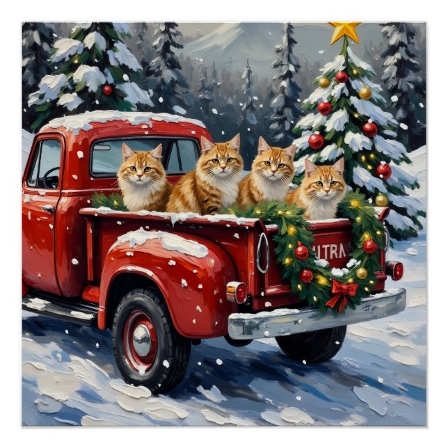 Persian Cat Christmas Red Truck Holiday Poster (Front)
