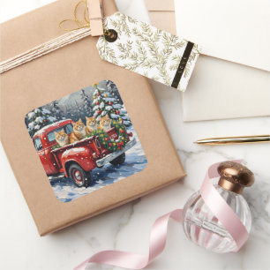 Persian Cat Christmas Red Truck Holiday Square Sticker