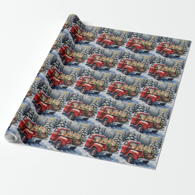 Persian Cat Christmas Red Truck Holiday Wrapping Paper (Unrolled)