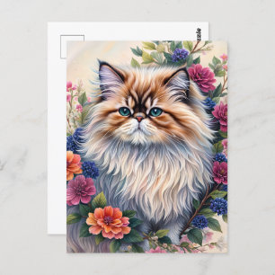 Persian Cat Colourful Floral Art Postcard