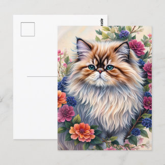 Persian Cat Colourful Floral Art Postcard