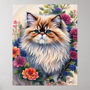 Persian Cat Colourful Floral Art Poster