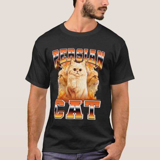 Persian Cat Flames 90s Bootleg Style T-Shirt (Front)
