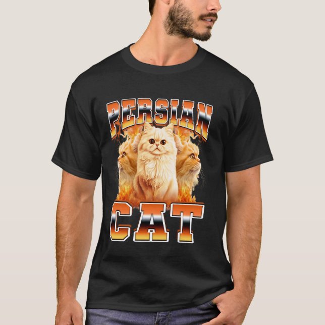 Persian Cat Flames 90s Bootleg Style T-Shirt (Front)