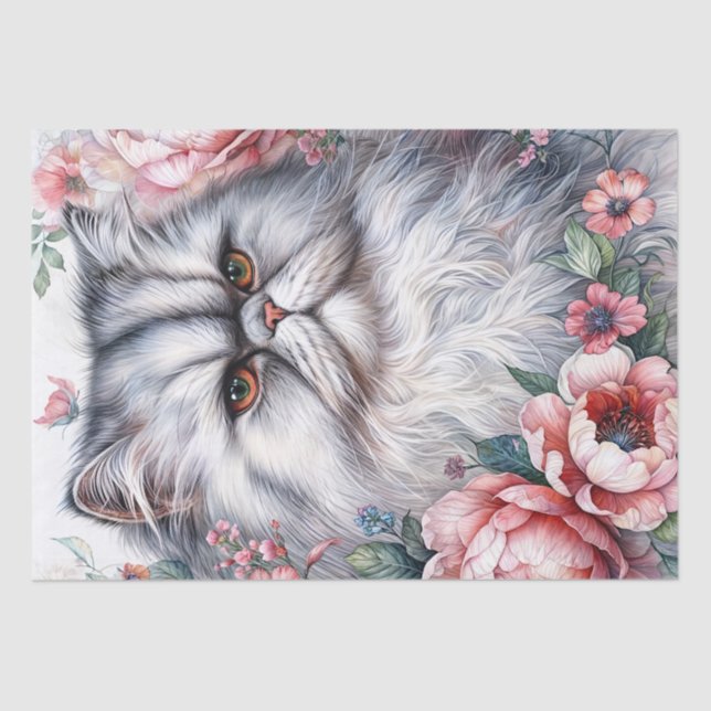 Persian Cat Floral Watercolor Art Tissue Paper (Front)
