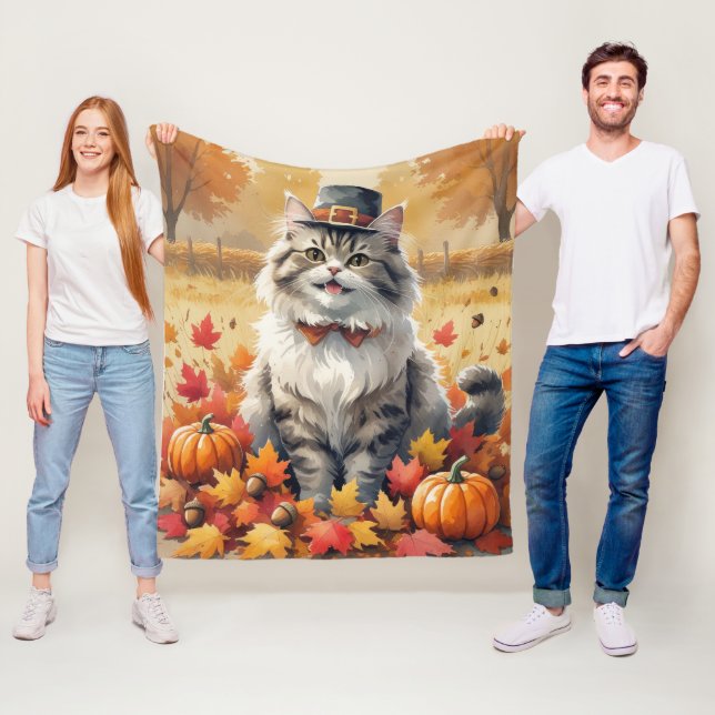 Persian Cat In Autumn Leaves Thanksgiving Art Fleece Blanket (In Situ)