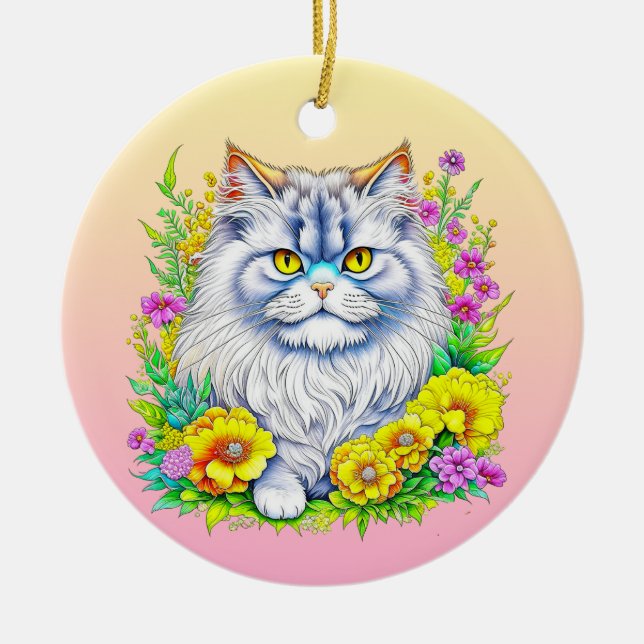 Persian Cat in Flowers Personalised Christmas Ceramic Tree Decoration (Front)