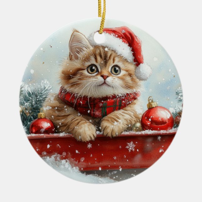Persian Cat in Sledge Let it Snow Christmas Ceramic Tree Decoration (Front)