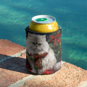 Persian Cat in Snow Christmas Can Cooler