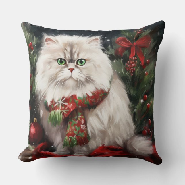 Persian Cat in Snow Christmas Cushion (Front)