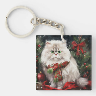Persian Cat in Snow Christmas Key Ring