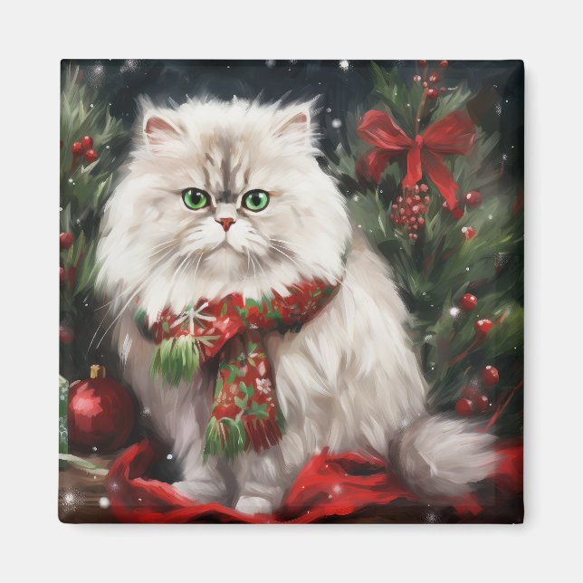 Persian Cat in Snow Christmas Magnet (Front)