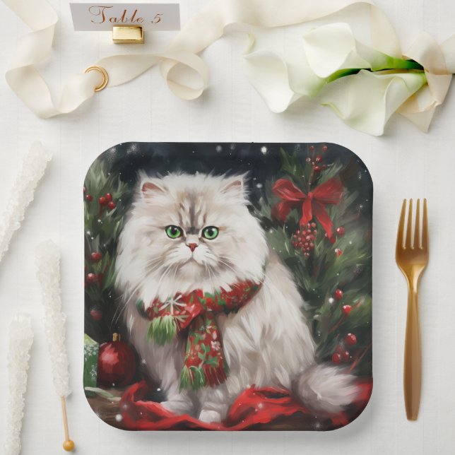 Persian Cat in Snow Christmas Paper Plate (Wedding)
