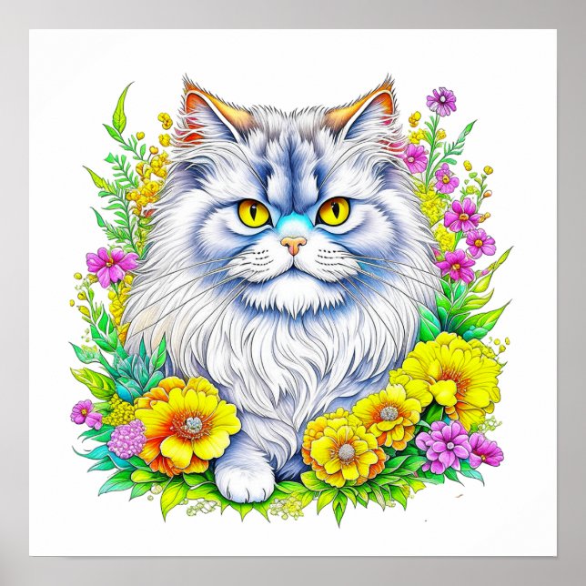 Persian Cat in Yellow and Pink Flowers Poster (Front)