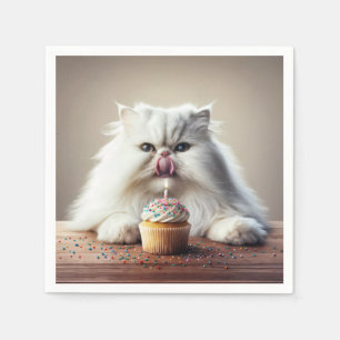 Persian Cat Licking a Birthday Cupcake Napkin