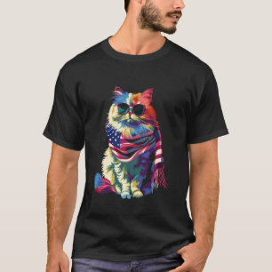 Persian Cat Patriotic US Flag Sunglasses Popart T-Shirt