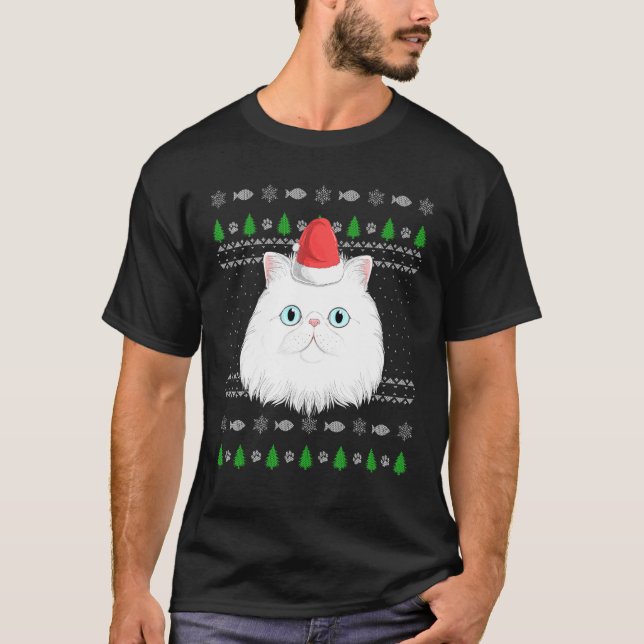 Persian Cat Santa Claus Hat Ugly Christmas Pattern T-Shirt (Front)