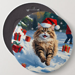 Persian Cat Sitting in Snow with Christmas Hat 6 Cm Round Badge