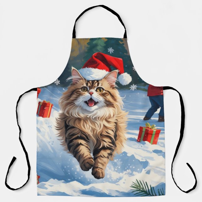 Persian Cat Sitting in Snow with Christmas Hat Apron (Front)
