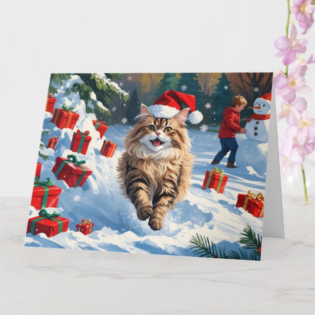 Persian Cat Sitting in Snow with Christmas Hat Card (Orchid)