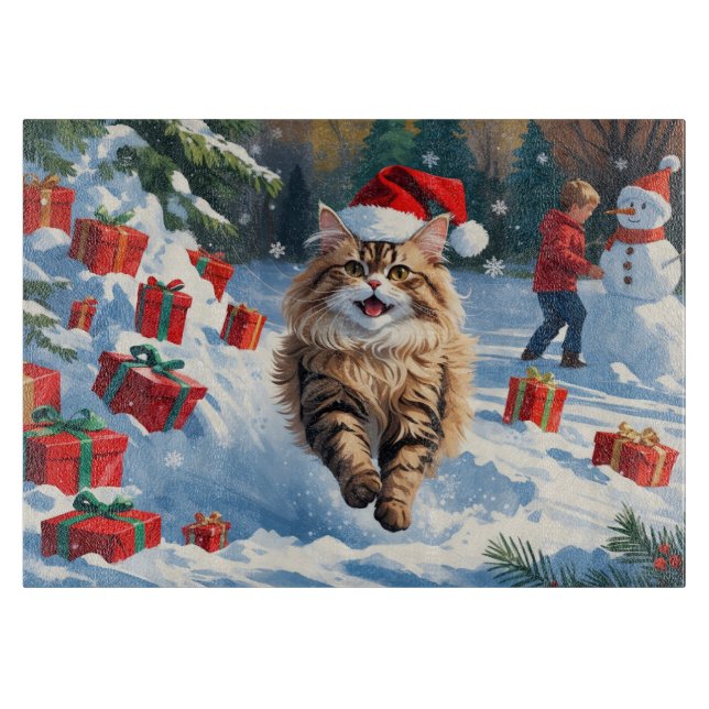 Persian Cat Sitting in Snow with Christmas Hat Cutting Board (Front)