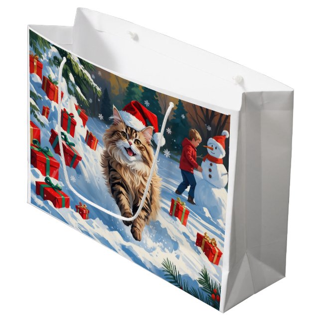 Persian Cat Sitting in Snow with Christmas Hat Large Gift Bag (Front Angled)