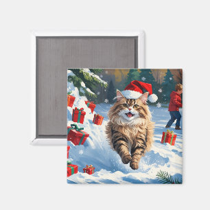 Persian Cat Sitting in Snow with Christmas Hat Magnet