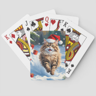 Persian Cat Sitting in Snow with Christmas Hat Playing Cards