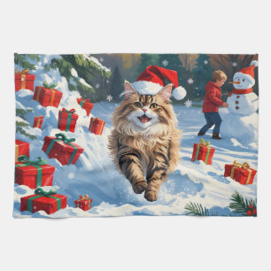 Persian Cat Sitting in Snow with Christmas Hat Tea Towel