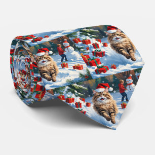 Persian Cat Sitting in Snow with Christmas Hat Tie