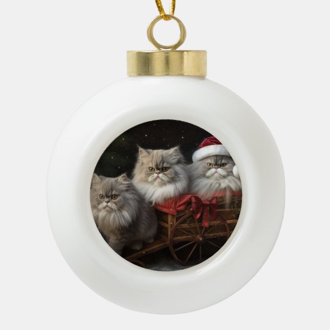 Persian Cat Snowy Sleigh Christmas Decor Ceramic Ball Christmas Ornament (Front)