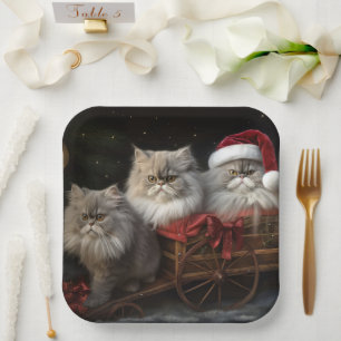 Persian Cat Snowy Sleigh Christmas Decor Paper Plate