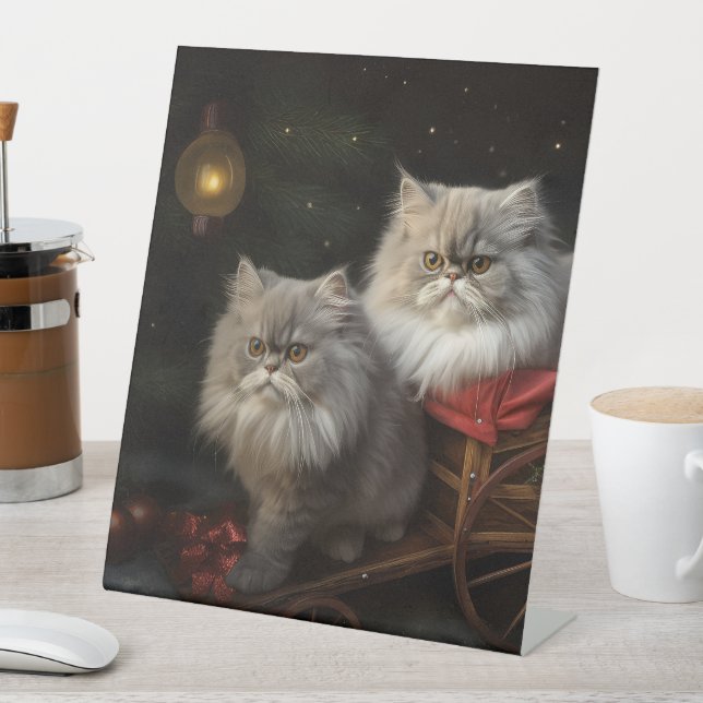 Persian Cat Snowy Sleigh Christmas Decor Pedestal Sign (In SItu)