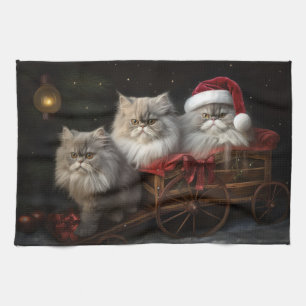 Persian Cat Snowy Sleigh Christmas Decor Tea Towel
