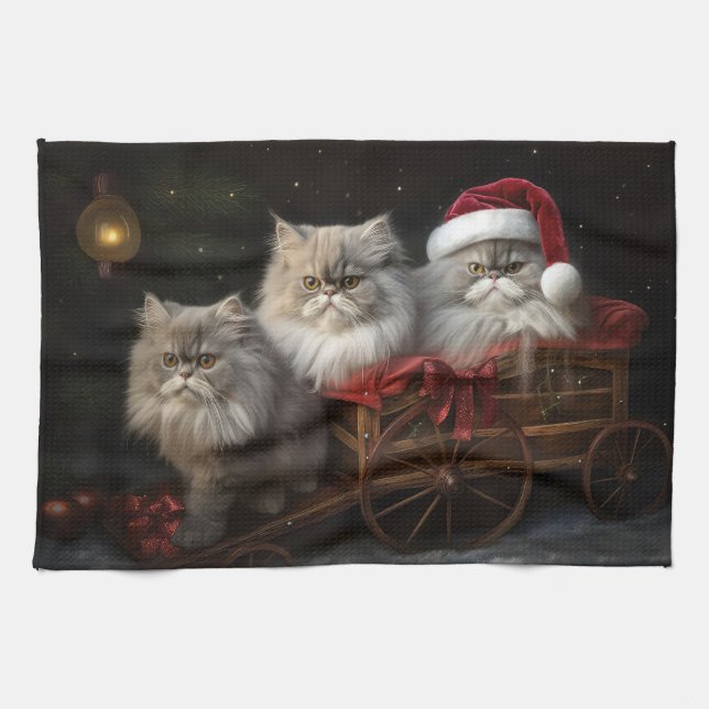 Persian Cat Snowy Sleigh Christmas Decor Tea Towel (Horizontal)