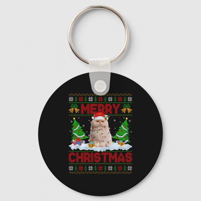 Persian Cat Ugly Xmas Sweater Funny Animal Lights  Key Ring (Front)
