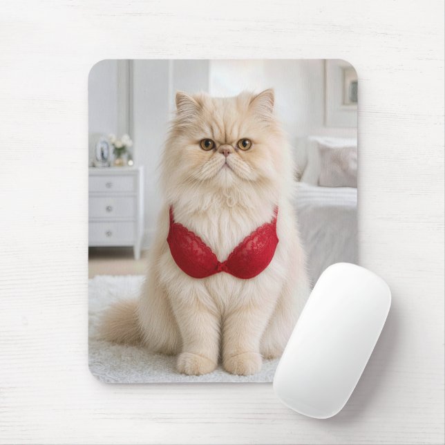 Persian Cat Wearing a Red Bra Mouse Pad (With Mouse)