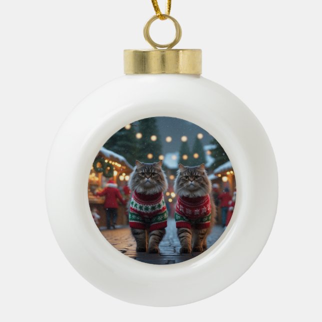 Persian Cats Christmas Snow Holiday Ceramic Ball Christmas Ornament (Front)